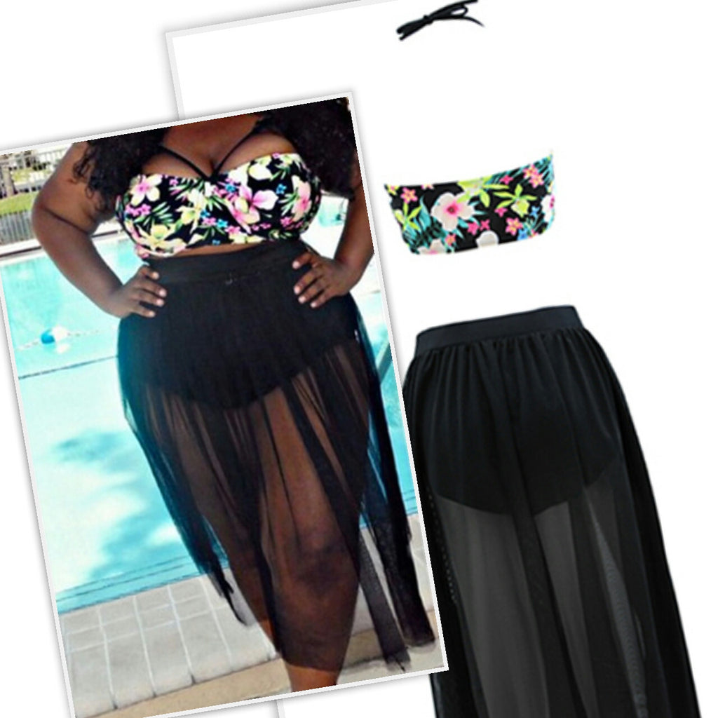 Floral Print Halter Top / Black See-Through Skirt Swimwear